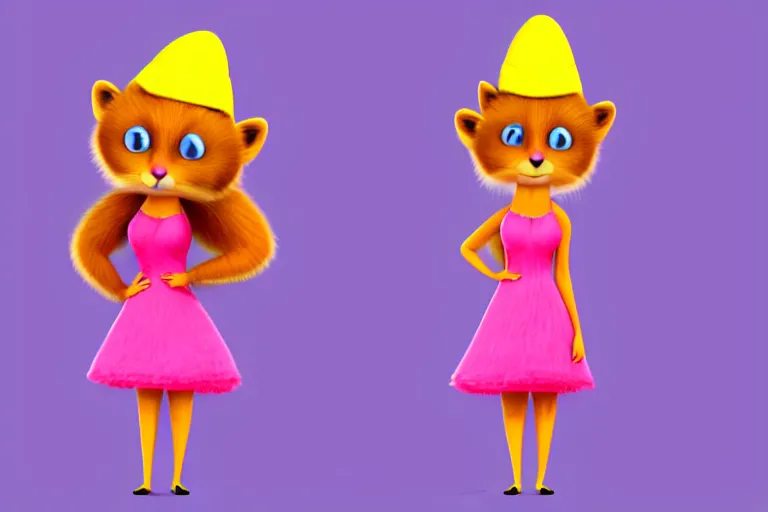 Image similar to detailed flat 2 d : female marten character : wearing jewelry : wearing a pink dress : wearing yellow hat : head torso legs feet : lorax movie : artstation