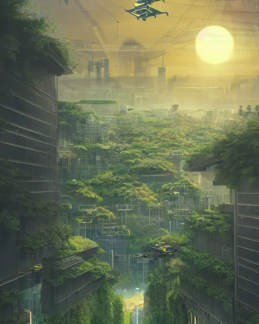 Image similar to solarpunk vehicle above a city, scifi, futuristic, bright light, highly detailed, concept art, green plants, research complex, school, white building, drones, solar panels, flowers, utopia, sharp focus, trending on artstation, intricate, atmosphere, raining, art by roman makarenko, dzung phung dinh