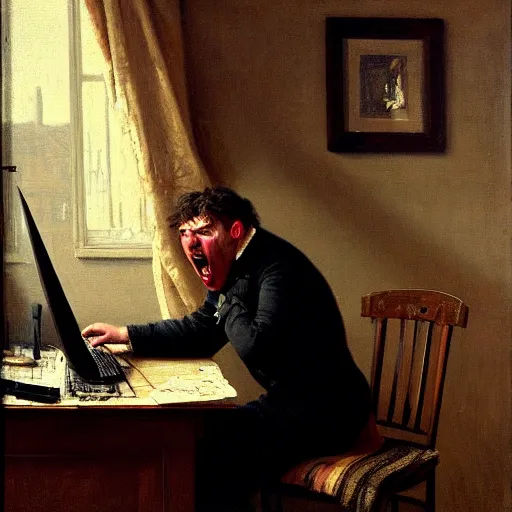 Image similar to an angry man yells at his computer monitor, oil on canvas, 1 8 8 3, highly detailed