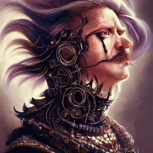 Image similar to portrait, headshot, insanely nice professional hair style, dramatic hair color, digital painting, of a old 17th century, old cyborg merchant, amber jewels, baroque, ornate clothing, scifi, realistic, hyperdetailed, chiaroscuro, concept art, art by Franz Hals and Jon Foster and Ayami Kojima and Amano and Karol Bak,