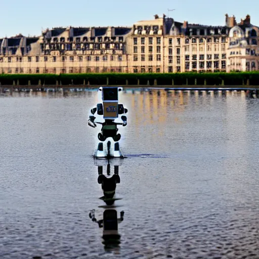 Prompt: a robot standing in the water mirror of bordeaux