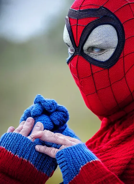 Prompt: stunning photograph of ( ( granny spiderman ) ) in rural russia, knitting, babushka, closeup, aperture 1. 2, red blue, fighting crime