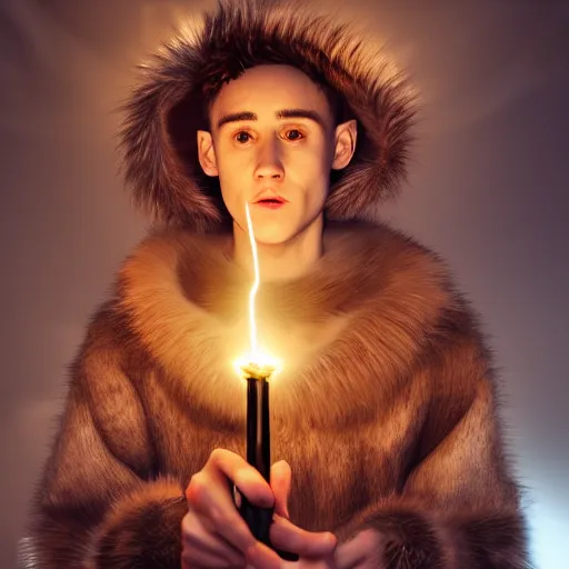 Prompt: Olly Alexander wearing a fur barbarian tunic, holding a small glowing red magical wand with electrical bolts emitting from it. In a cave made of ice. Trending on Artstation, octane render, ultra detailed, art by Ross tran