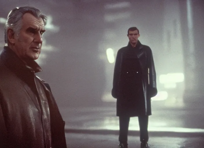 Prompt: film still milos zeman wearing leather coat as a detective in blade runner, 8 k