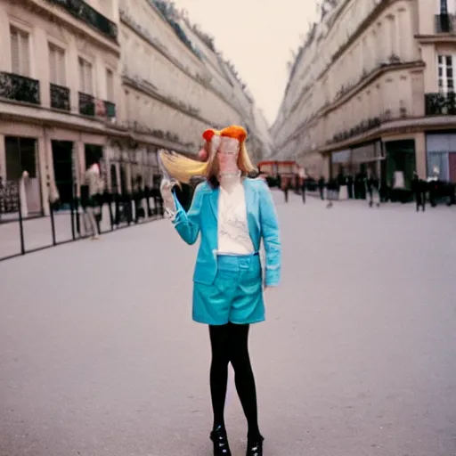 Image similar to realistic photoshoot of friendly unicorn lookbook in Paris, color film photography, portrait of a beautiful customers in style of Doisneau, 35mm, ektachrome