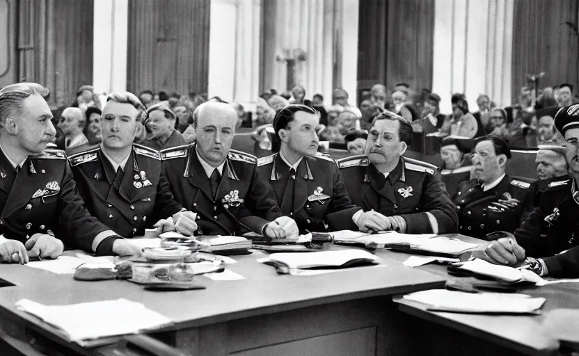 Image similar to 50s movie still of very diverse soviet generals head with very detailed faces in a stalinist parlement, by Alexei Guerman, Cinestill 800t 35mm black and white, heavy grainy picture, very detailed, high quality, 4k, HD criterion, precise texture, high quality diversity of faces