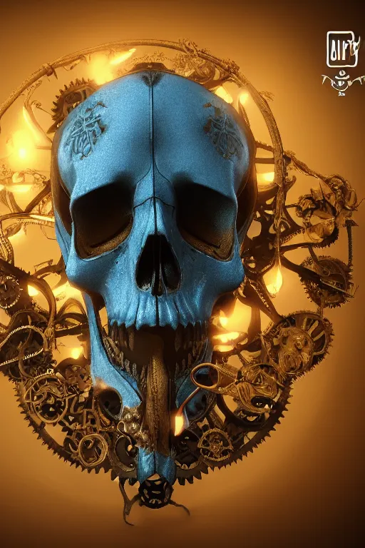 Prompt: conceptart 3 d render skull, the skull is decorated with art deco and steam punk gears details inside, hyperrealistic, volumetric lighting, ultra detailed, elegant, octane render, blue and gold, 8 k, trending on artstation, unreal engine