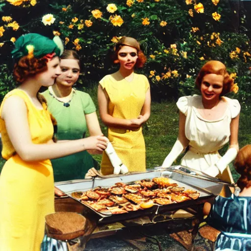 Image similar to an image of a queen with tan skin long rippling cinnamon hair and emerald colored eyes in a medium full shot, vintage historical fantasy 1 9 3 0 s kodachrome slide german and eastern european mix. the queen is pictured attending a barbecue for youth volunteers. she is dressed in a yellow dress paired with floral accessories.