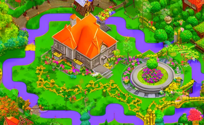 Prompt: beautiful garden, with house in the center, with golden gates, isometric view, bright colors, game screenshot
