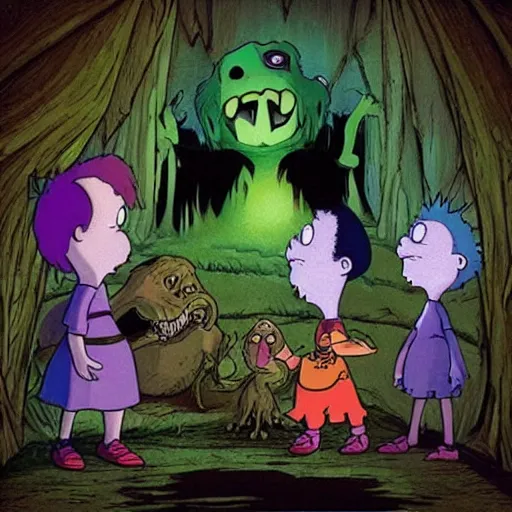 Image similar to “ the rugrats as monsters, gothic horror style, lens flare, award winning, hd 4 k ”