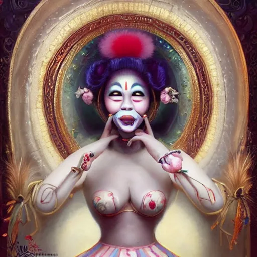 Prompt: ultra realist soft painting of a single attractive asian female clown with makeup big smile croocked teeth in a long dress, curiosities carnival, symmetry accurate features, very intricate details, focus, curvy, artstyle by Tom Bagshaw, award winning