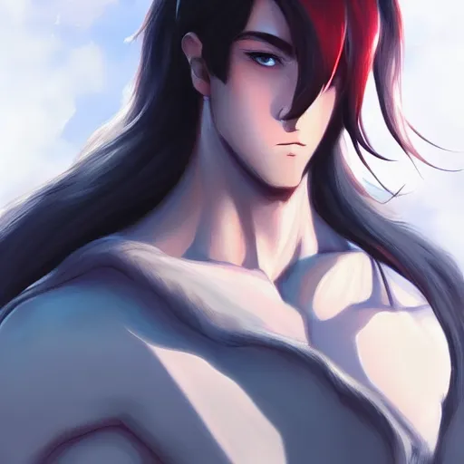 Image similar to buffed guy with long white hair and horn, red eye makeup, style of makoto shinkai and artgerm and loish, dynamic lighting trending on artstation