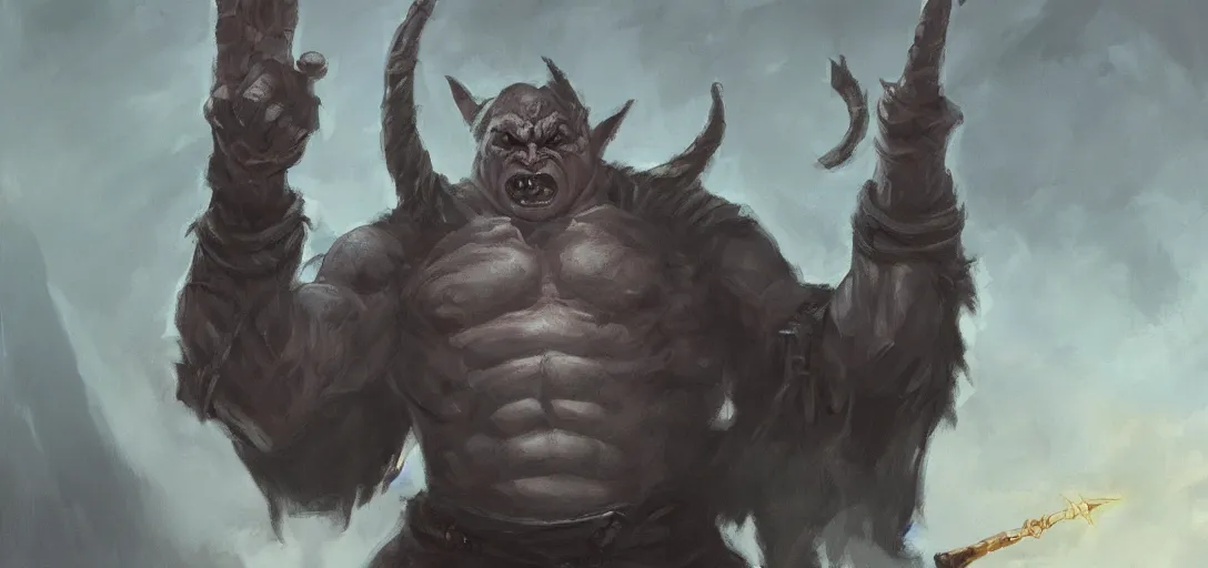 Image similar to A big male babarian orc with a tiny wand in his slightly raise hand, cinematic, dramatic light, oil on canvas, concept art, artatation