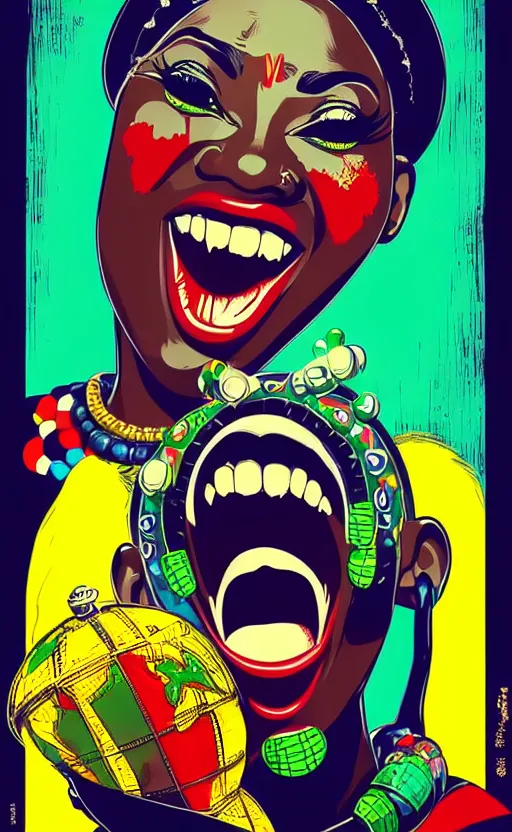 Prompt: mama africa laugh at her child!!! pop art, pixel, bioshock, gta chinatown, artgerm, richard hamilton, mimmo rottela, julian opie, aya takano, hyperdetailed, intricate