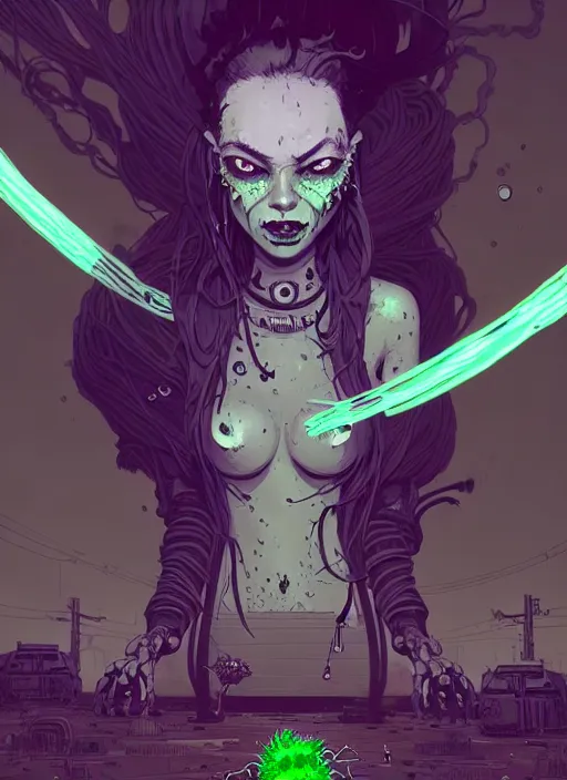 Prompt: highly detailed portrait of an angry wasteland punk long dripping green poison hair tribal lady, stray wiring by atey ghailan, james gilleard, by joe fenton, by greg rutkowski, by greg tocchini, by kaethe butcher, 4 k resolution, gradient purple, brown black and white color scheme!!! ( ( green flaming robotic sewer background ) )
