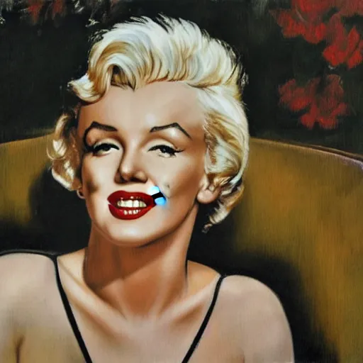 Image similar to Marilyn Monroe on a bench at the park, head and shoulders portrait, extremely detailed masterpiece, Roger Deakin’s cinematography, oil on canvas, Norman Rockwell.