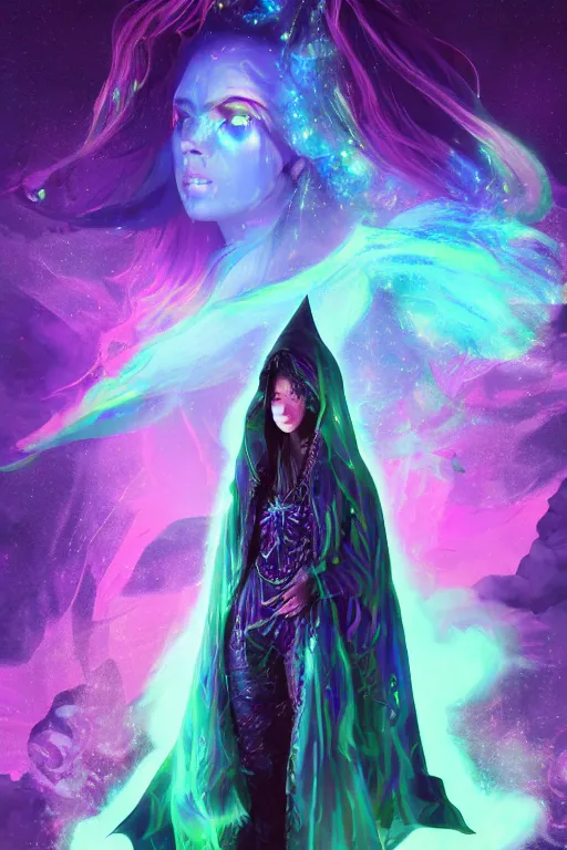 Image similar to a psychedelic full body portrait of a mysterious sorceress with a very long hooded cloak made of stars and clouds, by maciej kuciara and jason chan, ominous, cosmic horror, trending on artstation, ultra detailed, hyper realistic 4 k, volumetric light, iridescent, rainbow colors