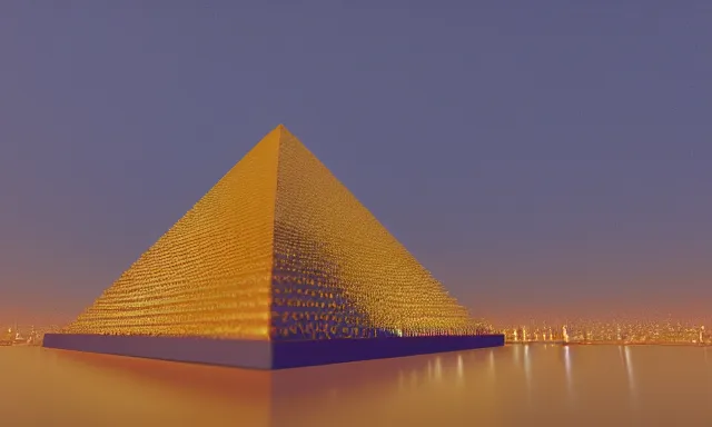 Image similar to gold statue, pyramid, neon lighting, tumblr, 3 d render, 8 k, octane render, cycles render, unreal engine