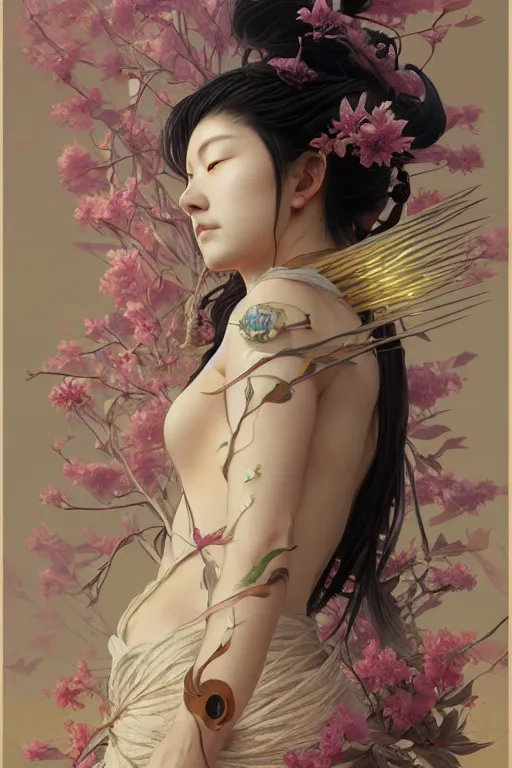 Image similar to Japanese goddess of nature, accurate anatomy, only two hands, highly detailed, digital painting, artstation, concept art, smooth, sharp focus, illustration, Unreal Engine 5, 8K, art by Ross Tran and greg rutkowski and alphonse Mucha