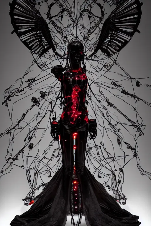 Prompt: full-body cyberpunk style sculpture of a young beautiful dark priestess, half android with a head opening exposing circuitry, glowing red eyes, black roses, flowing blood-red colored silk, fabric, candles. baroque elements, human skulls. full-length view. baroque element. intricate artwork by Caravaggio. crows flying in background. Trending on artstation, cinematic lighting from the right. hyper realism, octane render, 8k, depth of field, 3D