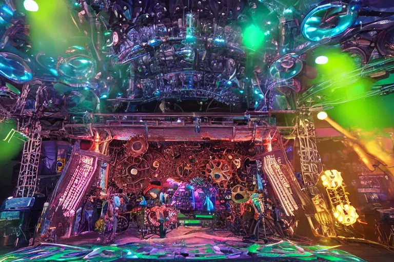 Image similar to close up of an outdoor festival stage with audience, on stage is a rockband with 3 steampunk robots with guitars and drums, center of the stage is a big futuristic steampunk generator with gears and belts and tubes, laser show, 8 k, fluorescent colors, halluzinogenic, multicolored, exaggerated detailed, unreal engine, 8 0 mm lens