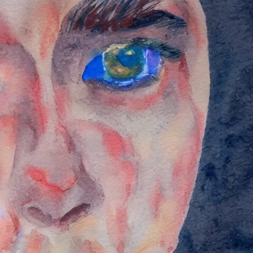 Prompt: a closeup portrait of a desperate face, water color