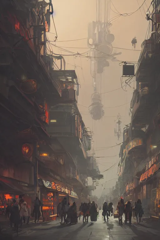 Image similar to crowdy tokyo street, mucha vibe, dieselpunk, solarpunk, artstation, andrei riabovitchev