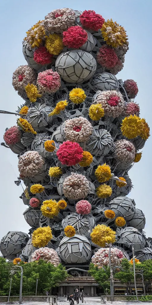 Image similar to colossal grotesque flower made from best unfulfilled mankind projects in the middle of abandoned post soviet constructivist cityscape, Stalinist architecture, ultradetailed, Intricate by Hayao Miyazaki and Josan Gonzalez and Makoto Shinkai and Giuseppe Arcimboldo and Wes Anderson