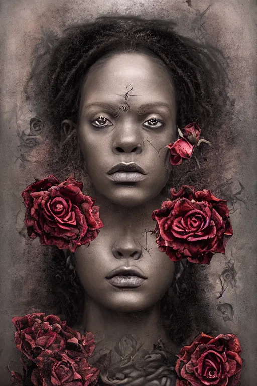 Image similar to Rose witch portrait, black woman, very dark brown skin, southern gothic style, ornate baroque details, tarot, occult, roses, inspired by zdzislaw beksinski :: 4k photograph, photographed by Jovana Rikalo, Trending on artstation, artstationHD, artstationHQ, 4k, 8k