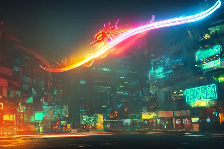 Prompt: cinematic wide angle shot of a neon smoke chinese dragon, midnight city lights, strong bokeh, dramatic lighting, unreal engine, cgsociety, artstation, 4k