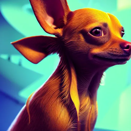 Image similar to a human chihuahua living in an extradimensional reality where it is a god, in the style of wlop, illustration, epic, fantasy, hyper detailed, smooth, unreal engine, sharp focus, ray tracing, physically based rendering, renderman, beautiful