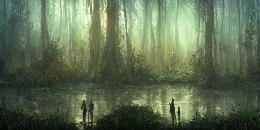 Image similar to reed - people in futuristic spiritual mystical post apocalyptic swampy forest in kazahstan drawn by ron gilbert, dim painterly volumetric aquatic lighting, scenic, beautiful, crisp, artstation, highly detailed