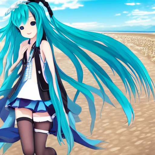 Image similar to hatsune miku takes a walk on evening beach, photo, f 2,4