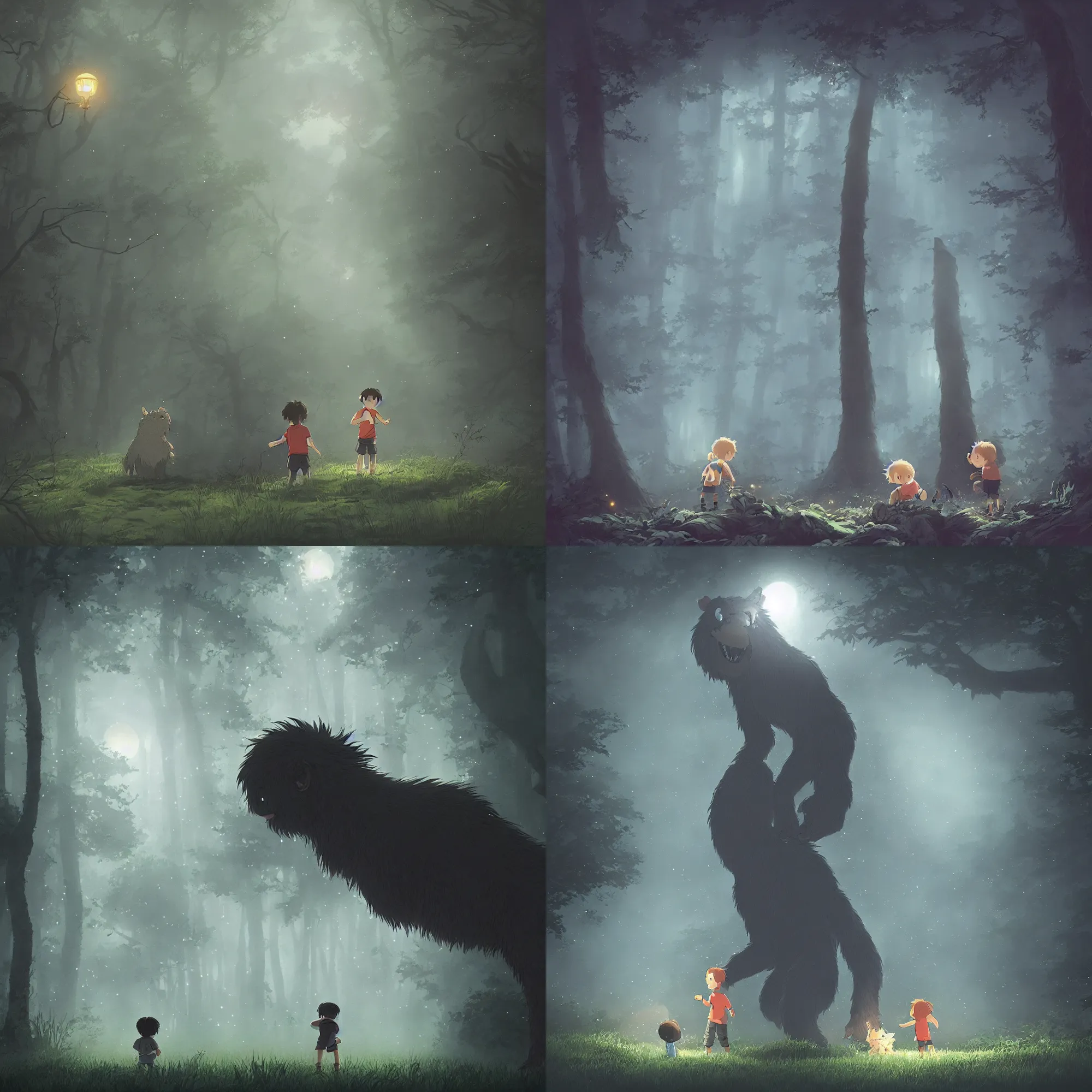 Image similar to a small boy discovers a giant hairy monster in a misty moonlit forest, surrounded by fireflies, art by studio ghibli, trending cgsociety, cinematic lighting