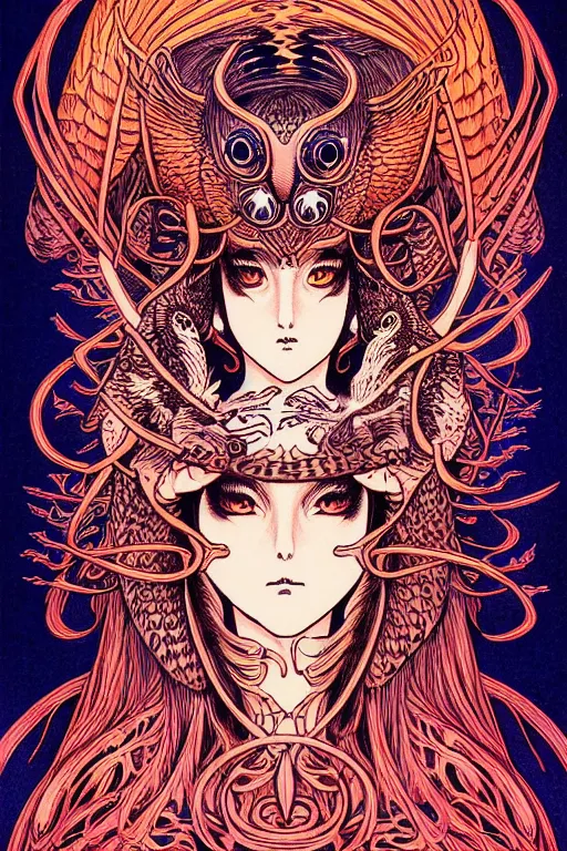 Image similar to illustration of a fire breathing woman with the head of an owl, intricate linework, in the style of moebius, ayami kojima, 1 9 9 0's anime, retro fantasy