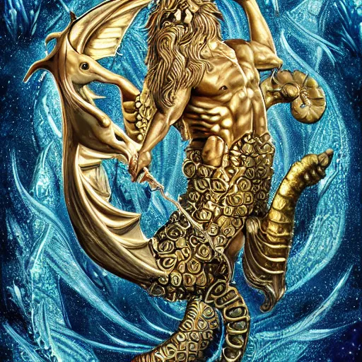 Image similar to poseidon on seahorses, tarot card, ornate, ultradetailed, digital art, irina french, heraldo ortega, mandy jurgens, golden ratio, art canvas, award winning, masterpiece trending on artstation 8 k 1 5 0 mpx