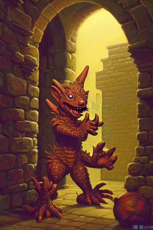 Prompt: iconic oil painting, a happy kobold, as a dnd character, inside a castle courtyard, cottagecore, highly detailed, digital illustration, concept art, smooth, sharp focus, art by tim hildebrandt, and greg hildebrandt