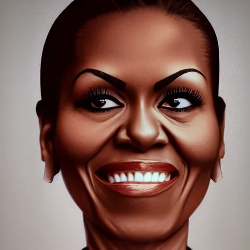 Image similar to portrait photo of a pomegranate in the shape of michelle obama, pomegranate with michelle obama's face, smiling softly, sharp detailed face, clear sharp facial features, medium shot, highly detailed, artstation, 8 k