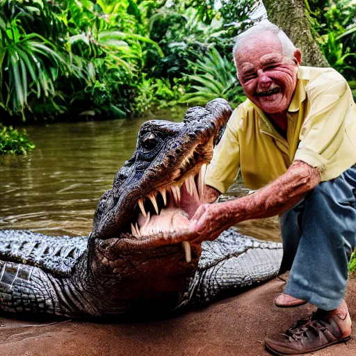 Image similar to elderly man feeding a crocodile, smiling, happy, crocodile, snappy, hungry, jungle, canon eos r 3, f / 1. 4, iso 2 0 0, 1 / 1 6 0 s, 8 k, raw, unedited, symmetrical balance, wide angle
