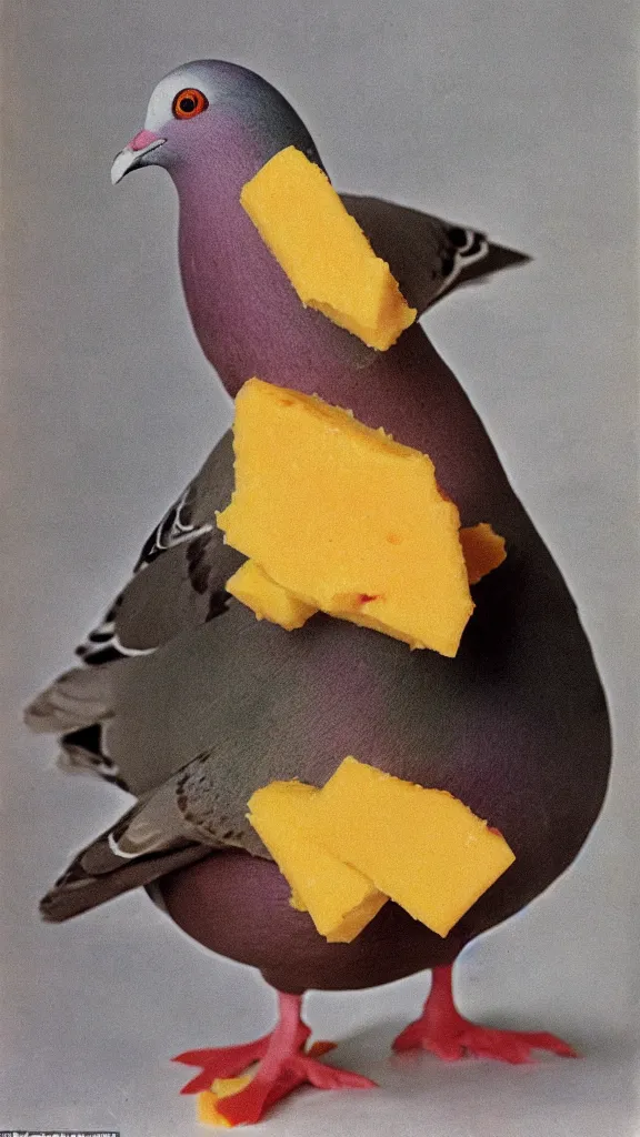 Prompt: 1 9 6 0 s food magazine photo of a pigeon made out of cheddar cheese and ham, soft focus