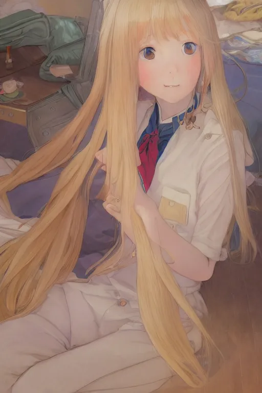 Image similar to a masterpiece digital art of a loli with blonde long hair in a jk uniform outfit in bedroom in after noon, by krenz cushart and mucha and akihito yoshida and greg rutkowski and makoto shinkai, detailed eyes, 4 k resolution 、 trending on art station