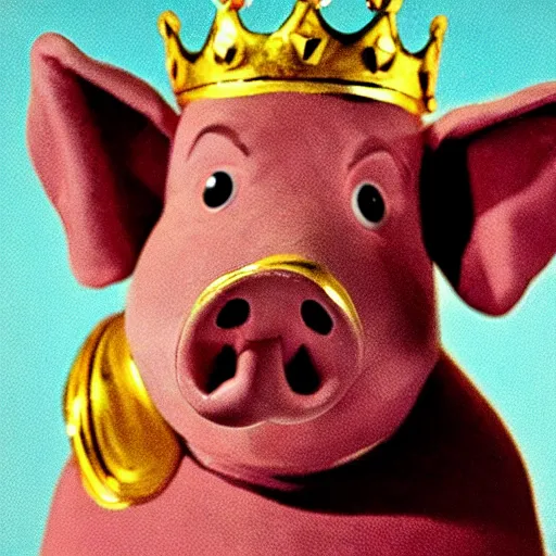 Image similar to a pig wearing a gold crown in the style of Friz Freleng