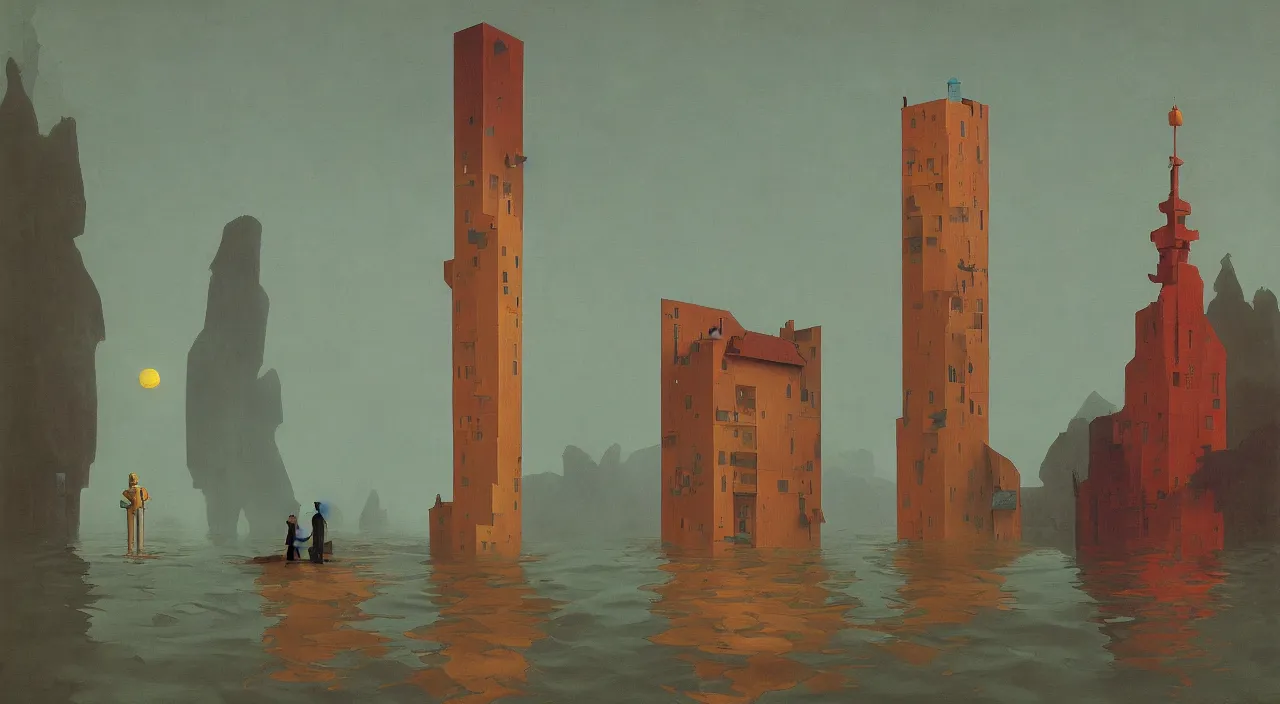 Prompt: single flooded simple wooden alien tower, very coherent and colorful high contrast!! masterpiece by rene magritte simon stalenhag carl spitzweg syd mead norman rockwell edward hopper james gilleard, minimalist, dark shadows, sunny day, hard lighting