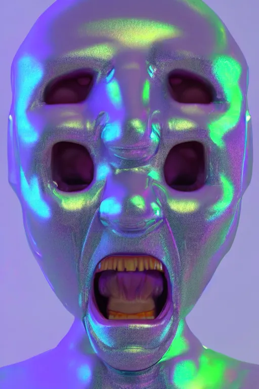 Image similar to 3d render of holographic angry human robotic screaming angry bust made of glossy iridescent, screaming, bust, surrealistic 3d illustration of a human non-binary, non binary model, 3d model human, cryengine, made of holographic texture, holographic material, holographic rainbow, concept of cyborg and artificial intelligence