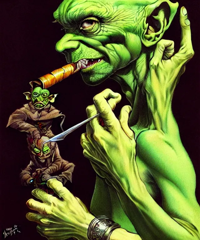 Image similar to a green-skinned goblin smoking a pipe, portrait, intricate, elegant, highly detailed, smooth, sharp focus, art by artgerm and greg rutkowski and alphonse mucha