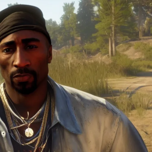 Image similar to Film still of Tupac Shakur, from Red Dead Redemption 2 (2018 video game)