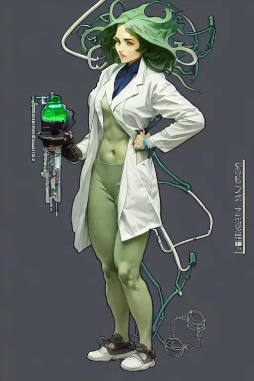 Image similar to a full body character design by artgerm, cushart krenz, greg rutkowski and alphonse mucha. mad scientist woman lab coat!! green plasma cyborg body!! symmetrical gear background, face sharp edges. ultra clear detailed. 8 k. ultra detailed, elegant, intricate, octane render.