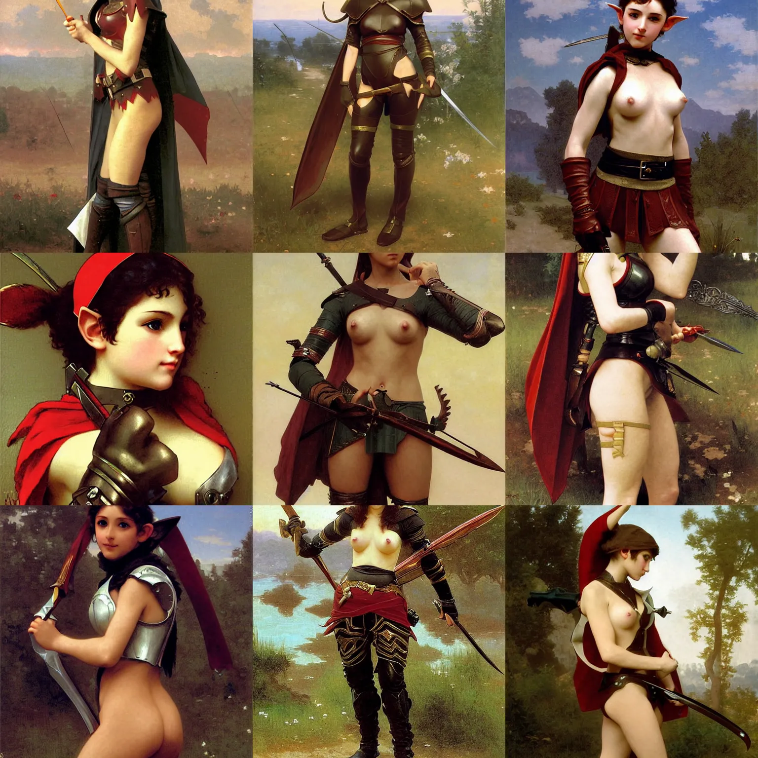 Prompt: archer elf girl in full plate leather armor, final fantasy, painted by William-Adolphe Bouguereau