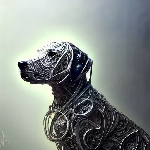 Image similar to organic cyborg dog, holographic white plastic and driftwood, fantasy, intricate, elegant, highly detailed, lifelike, photorealistic, digital painting, artstation, illustration, smooth, sharp focus, art by scott davidson, albert aublet, krenz cushart, artem demura, mucha