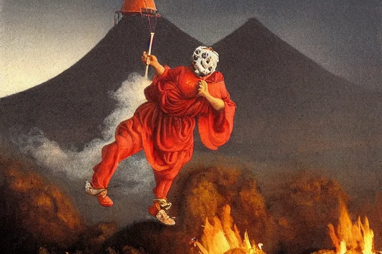 Image similar to a highly detailed pulcinella!!! from naples with pizza!! in the foreground, volcano in the background with smoke, blazing fire and glowing lava, full body, wide angle, an ultrafine detailed painting by odd nerdrum, post - apocalyptic vibe, trending on deviantart, whimsical, lowbrow, coherent, sharp focus, octane, masterpiece